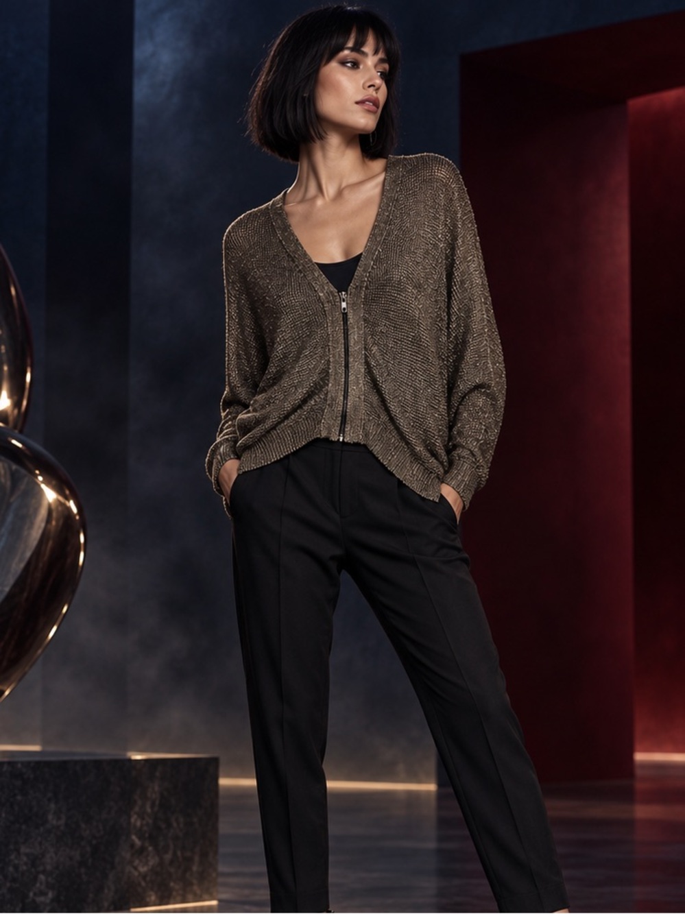 Zara Metallic Mesh Knit Bomber Cardigan|
Size S